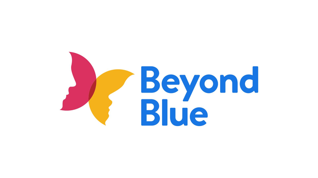 The Beyond Blue logo of a half red, half yellow butterfly sits to the left of word mark ‘Beyond Blue’ which is in blue. 