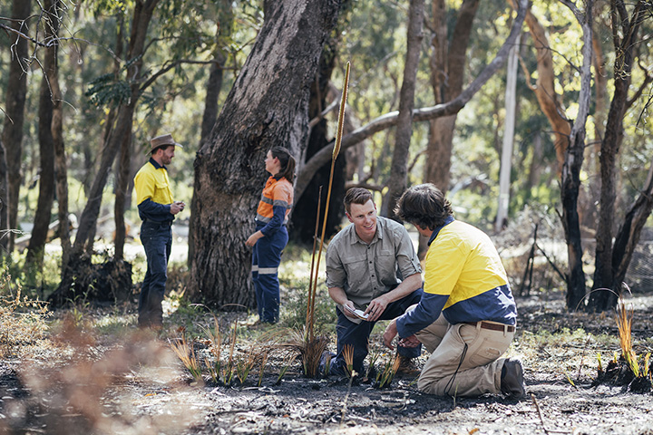 Two men in protective clothing kneel on the ground in a forested area, chatting to each other.