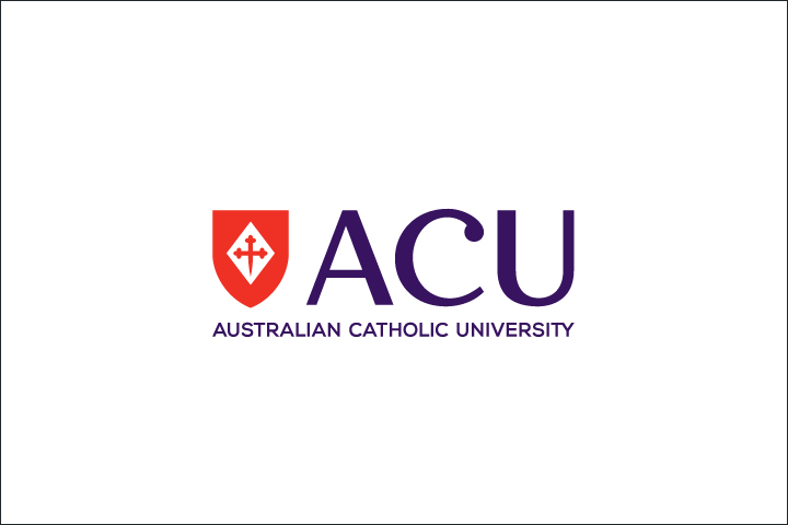 ACU Australian Catholic University log with a cross on a red shield adjacent to purple text