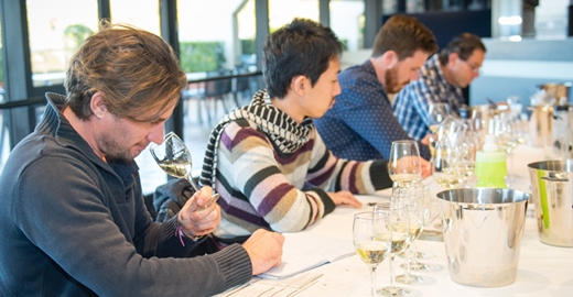 Four male students taste wine at a table with a selection of white wines in glasses and stainless steel wine buckets, infront of them. The man closest to the camera ‘noses’ a glass intently while the others are concentrating and writing. The weather is cool, evident by the jumpers and long sleeves each wear. 