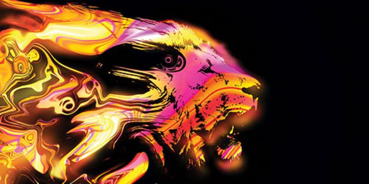 This is an image of a digitally rendered lion. It is coloured bright pink, yellow and orange and is glowing against a black background.