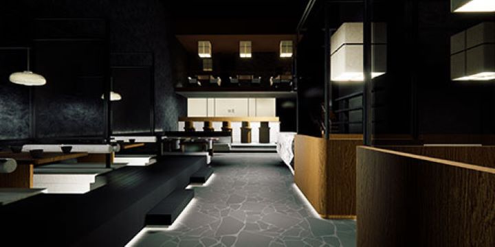 This is an image of a modern and sleekly designed interior space. It is dimly lit with lights surrounding the area.