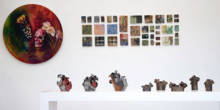 An assortment of small art works hang are exhibited on a white wall. In front there is a thin, long table on which ceramic work and plants are displayed. 