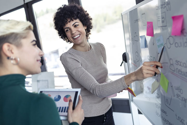 A woman is showing another person notes on a whiteboard. She is smiling as she points to different infographics. Both people in this image are smiling.