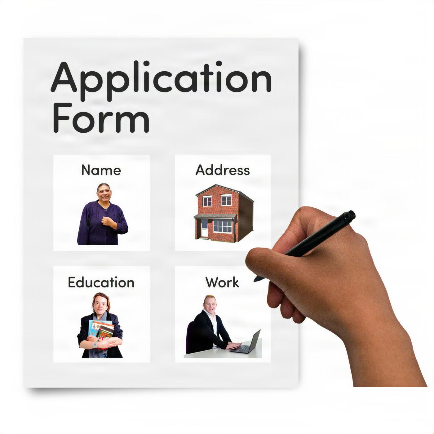 Hand holding a pen filling out an application form with sections for name, address, education, and work.