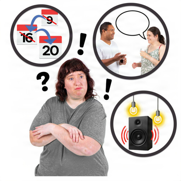 A person with crossed arms beneath icons of a calendar, people talking, and a speaker.