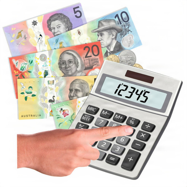 Hand pressing a calculator with Australian banknotes and coins.