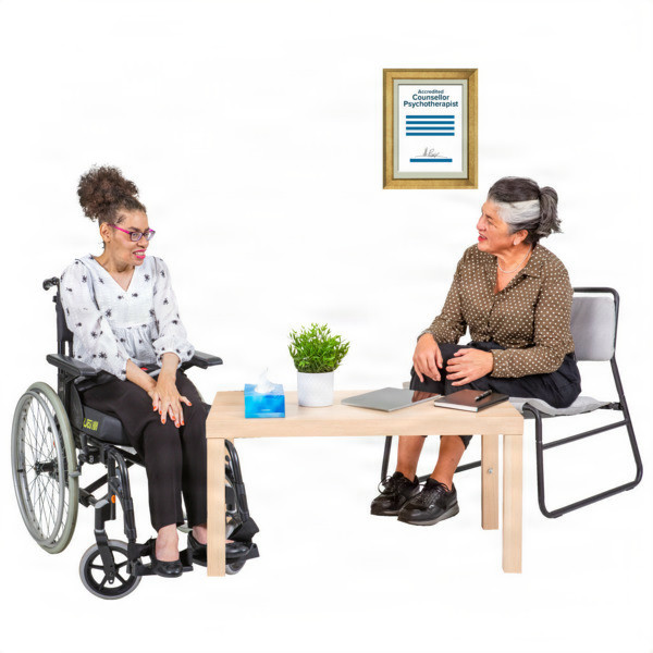 Two women having a conversation, one in a wheelchair and the other on a chair, with a table and items between them.