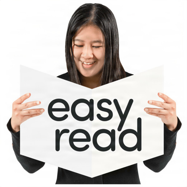 Person holding a paper with the text 'easy read' and smiling.