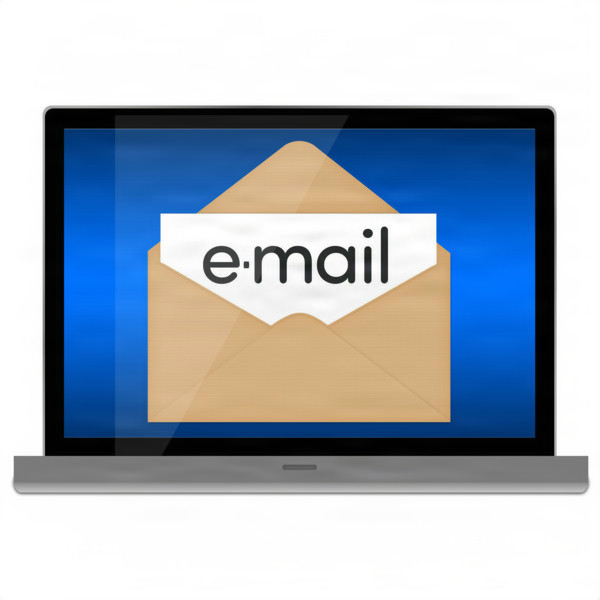 Laptop screen displaying an envelope with the word 'email' on a blue background.
