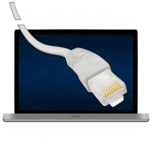 Ethernet cable in front of a laptop screen.
