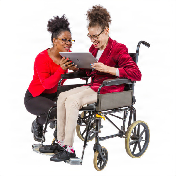 A person helping someone use a tablet.