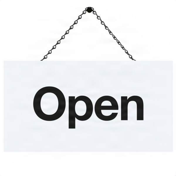 A sign with the word 'Open' hanging on a chain.