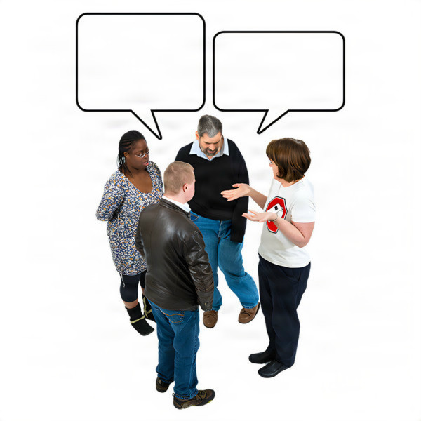 Four people having a conversation with speech bubbles overhead.