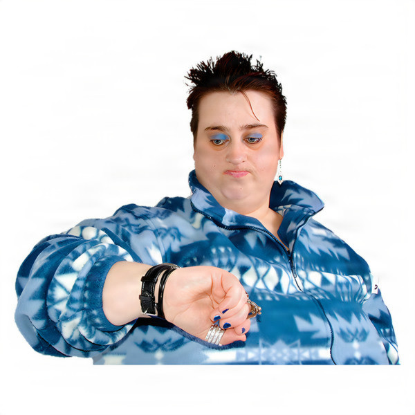 Person in a blue patterned jacket looking at their wristwatch.