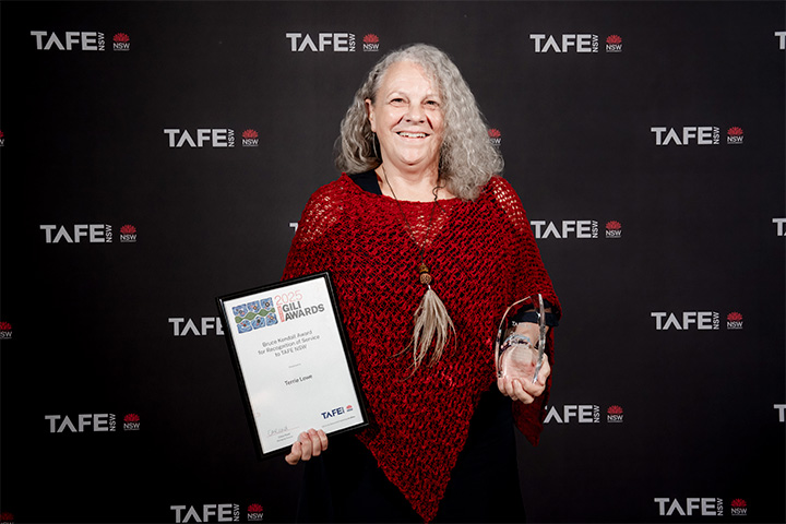 Aunty Terrie Lowe, proud Bundjalung Elder and TAFE NSW educator, honoured at the Gili Awards for her work in Aboriginal languages education.