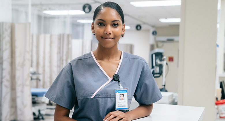 A nurse stands in a hospital ward with her hands on a desk.